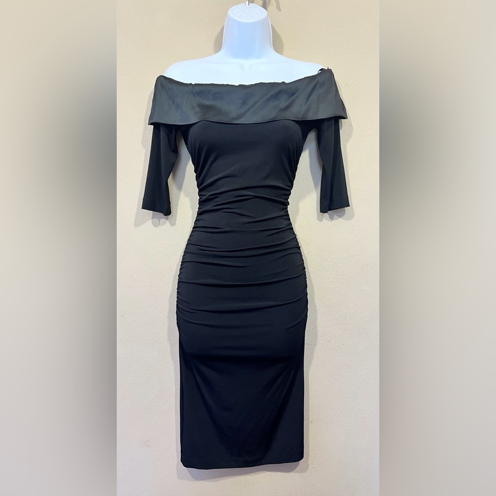 Bebe Off Shoulder Silk Cap Ruched Dress